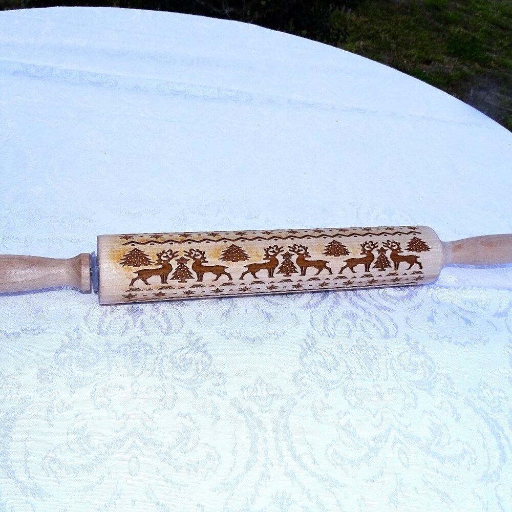 Holiday Rolling Pin - Reindeers & Trees Never Used